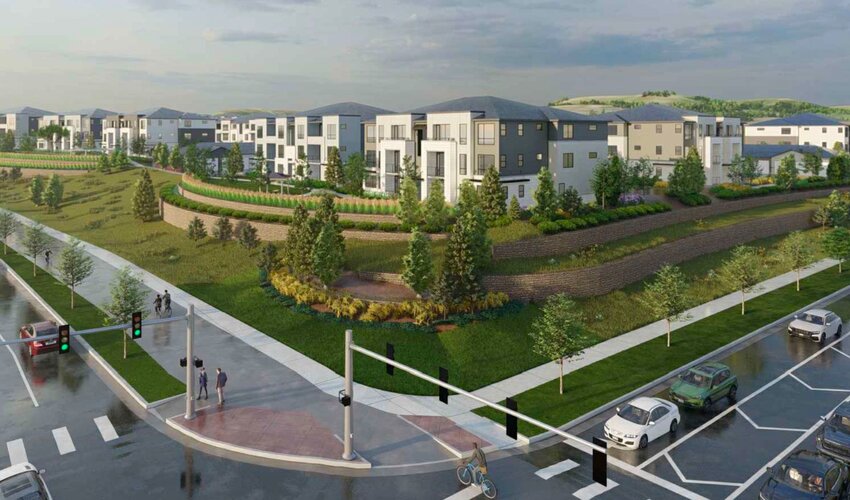 A rendering of Lokal Homes' proposed development in Lone Tree, consisting of 190 condo units and 80 townhome units. The development will be located east of Interstate 25 near the southeast corner of the intersection of RidgeGate Parkway and Lyric Street.
